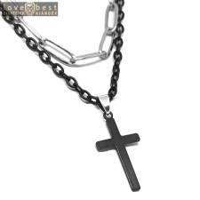 MariaKing Dupla rozsdamentes acél nyaklánc ezüst-fekete színben, nemesacél kereszt medállal nyaklánc