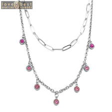 MariaKing Dupla rozsdamentes acél nyaklánc ezüst színben, pink kristályos charmokkal nyaklánc