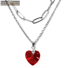 MariaKing Dupla rozsdamentes acél nyaklánc ezüst színben, piros kristály szív medállal nyaklánc