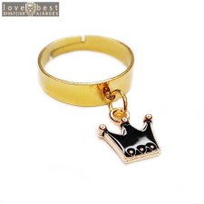MariaKing Fekete tűzzománc korona charmos állítható méretű gyűrű, arany színű, választható szélességben gyűrű