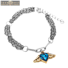 MariaKing Háromsoros divat karkötő kék kristály angyalszárnyas charmmal, ezüst színű karkötő