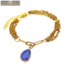 MariaKing Háromsoros divat karkötő kék kristály csepp charmmal, arany színű karkötő