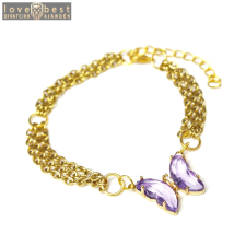 MariaKing Háromsoros divat karkötő lila kristálypillangós charmmal, arany színű karkötő
