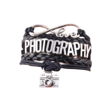 MariaKing Love PHOTOGRAPHY feliratú többrétegű műbőr karkötő, fekete-ezüst karkötő