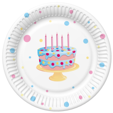 MÁRKÁK-Születésnap Happy Birthday Cake with Balloons papírtányér 8 db-os 18 cm party kellék