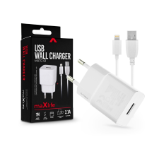Maxlife USB hálózati töltő adapter + lightning adatkábel 1 m-es vezetékkel - Maxlife MXTC-01 USB Wall Charger - 5V/2,1A - fehér mobiltelefon kellék