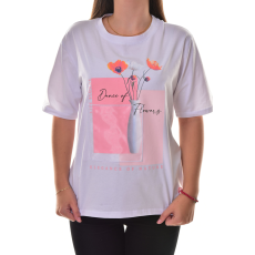 MB Collection női póló - Fehér színű, pamut női póló, laza fazonú, elején nyomott rózsaszín és virágmintával, fekete-rózsaszín felirattal M25-1-WPO-5585/T013