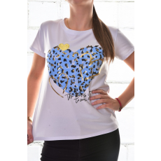 MB Collection női póló - Laza fazonú, divatos, kékszínű, epermintás szív forma, arany díszítéssel, fekete felirattal M25-1-250203-23/T013