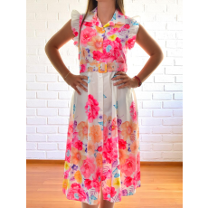 MB Collection női virágmintás ruha, rövid ujjú, övrészével, fényes színek, hosszú M25-1-ZX0612-21/T005