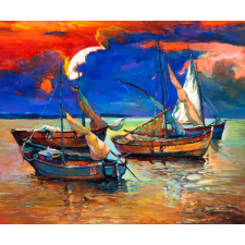 MÉDIA vászonfestmény, csónakok, halász, tenger, naplemente, 105 x 70 cm grafika, keretezett kép