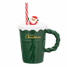 Merry Christmas karácsonyi bögre tetővel és szívószállal - 370 ml - zöld bögrék, csészék