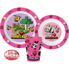 Minecraft étkészlet, micro műanyag szett, pohárral 260 ml, rózsaszín babaétkészlet