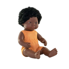 Miniland Papusa 38 cm, afrikai fetita, tricotált szalopetában baba