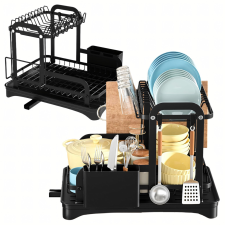  Modern kétszintes edényszárító csepegtető tálcával, fekete konyhai eszköz