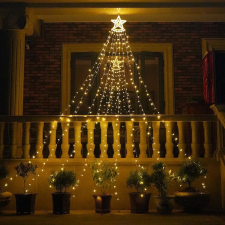 Napelemes beépítési függöny csillagvéggel, 350 led, 9 rojt, távirányító, meleg fehér karácsonyfa izzósor