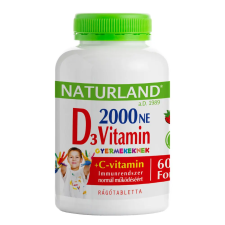 Naturland rágótabletta 60db gyermek D3 Forte+C-vitaminnal eper vitamin és táplálékkiegészítő