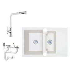Nero D737-47BI Gránit Mosogató + Kihúzható csap + Dugóemelő (fehér) mosogatótálca