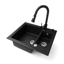 Nero Gránit mosogató NERO Arriva + kihúzható zuhanyfejes Snake csaptelep + adagoló + dugókiemelő (matt fekete) mosogatótálca