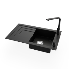 Nero Gránit mosogató NERO Cortina + Design csaptelep + adagoló (fekete matt) mosogatótálca