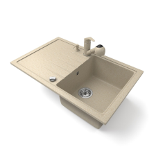 Nero Gránit mosogató NERO Eris + kihúzható zuhanyfejes Shower csaptelep + adagoló + dugókiemelő (bézs) mosogatótálca