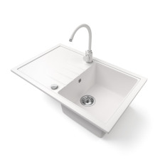 Nero Gránit mosogató NERO Eris + magasított csaptelep + dugókiemelő (fehér) mosogatótálca