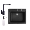 Nero Gránit mosogató NERO Italia + Design csaptelep + adagoló (Fekete)