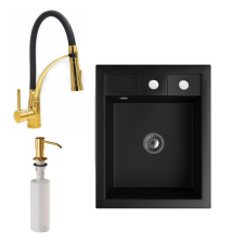Nero Gránit Mosogató NERO Parma + kihúzható zuhanyfejes Duo-Flex Gold csaptelep + arany adagoló + szifon (matt fekete) mosogatótálca