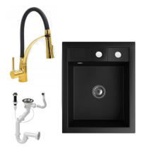 Nero Gránit Mosogató NERO Parma + kihúzható zuhanyfejes Duo-Flex Gold csaptelep + dugókiemelő + szifon (matt fekete) mosogatótálca