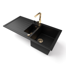 Nero Gránit mosogató - Nero Solarys + Design Gold csaptelep + adagoló + dugókiemelő (matt fekete) mosogatótálca