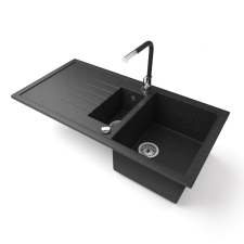 Nero Gránit mosogató - Nero Solarys + kihúzható Linea csaptelep + dugókiemelő (fekete) mosogatótálca