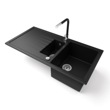 Nero Gránit mosogató - Nero Solarys + kihúzható Linea csaptelep + dugókiemelő (matt fekete) mosogatótálca