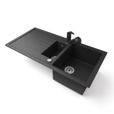 Nero Gránit mosogató - Nero Solarys + kihúzható zuhanyfejes Shower csaptelep + dugókiemelő (fekete) mosogatótálca