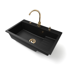 Nero Gránit mosogatótálca NERO Boss + magasított Gold csaptelep + adagoló + dugókiemelő (matt fekete) mosogatótálca