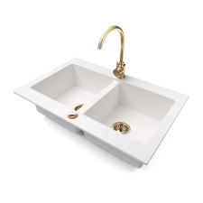 Nero Gránit mosogatótálca NERO Verso + magasított arany csaptelep + dugókiemelő (fehér) mosogatótálca