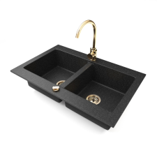 Nero Gránit mosogatótálca NERO Verso + magasított arany csaptelep + dugókiemelő (fekete) mosogatótálca