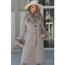  Női egyenes szabású gyapjúkabát kivehető bioszőrmével S INTL Beige