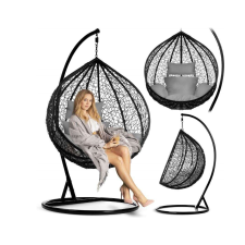 Nonbrand Függőfotel szürke ülőpárnával 115x108x195cm, rattan hatású, fekete kerti bútor