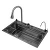 Nonbrand Többfunkciós mosogató készlet, csaptelep és tartozékok, Blackswan, Type F1, fekete/antracit szürke modell, vízesés és tisztított víz csaptelepek, digitális kijelző és késtartó, 75 x 45 cm