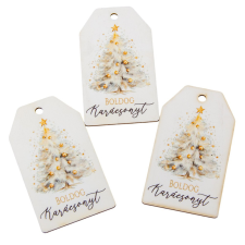  Nyomtatott dekorkarton boldog karácsonyt arany fenyő tábla 7cm 3db-os dekorációs kellék