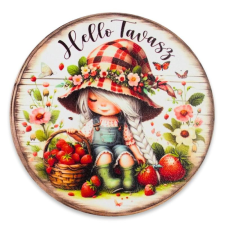  Nyomtatott fa tábla - Hello tavasz kislány koszorú közép 11,8cm dekorációs kellék