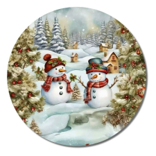  Nyomtatott fa tábla koszorú közép - Hóemberek téli táj 11,8cm dekorációs kellék