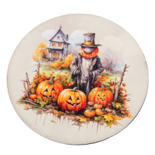  Nyomtatott fa tábla koszorú közép madárijesztő tökökkel 11,8cm dekorációs kellék