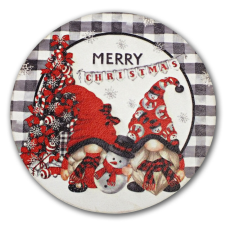  Nyomtatott fa tábla koszorú közép - Merry Christmas manós 14,8cm dekorációs kellék