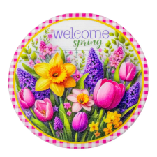  Nyomtatott fa tábla koszorú közép - Welcome Spring 11,8cm dekorációs kellék