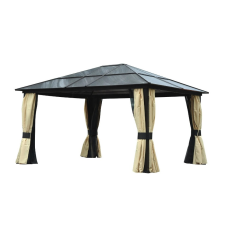 Oasom Luxus alumínium pavilon kerti sátor 420X360 cm üreges polikarbonát tetővel oldalfallal barna-fekete-bézs színben kerti tárolás