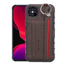 OEM Szilikon telefonvédő (ütésállóság. asztali tartó. kártyazseb. textil hátlap + kézpánt) BARNA tok és táska