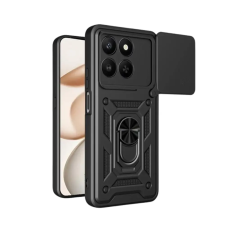 OEM Telefontok Honor X7d - Camshield - fekete szilikon tok, kitámasztó ujjgyűrűvel, csúsztatható kameravédővel tok és táska