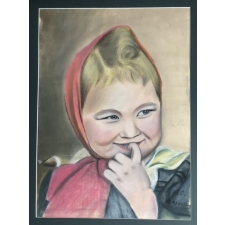  Olvashatatlan jelzéssel: Kislány portréja, pasztell, papír, 1950. 57,5×41,5 cm antikvárium - használt könyv