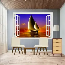  Öntapadó és mosható falfestmény Window Cruise, jacht, naplemente, 250 x 170 cm tapéta, díszléc és más dekoráció
