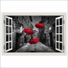  Öntapadó és mosható falfestmény Window Street Toszkánában, piros esernyők, fekete-fehér, 180 x 120 cm